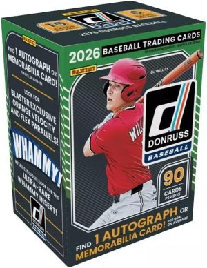 2026 Panini Donruss Baseball Retail Blaster Box | 6 Packs Per Box | 90 Trading Cards | 1 Autograph or Memorabilia Card Per Box on Average | Exclusive Red & Blue Laser Parallels | Factory Sealed