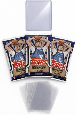 Topps 2025/26 Basketball Trading Card Bundle, 3 Factory Sealed Packs with 42 Cards Total, Includes 10 Penny Sleeves and 1 Top Loader