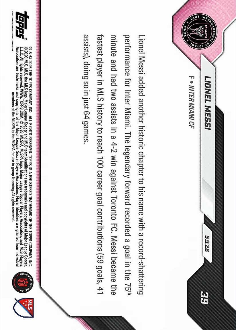 2026 Topps Now Lionel Messi #39 100th Goal Contribution Shatters MLS Record in Win Inter Miami Soccer Card - Image 2