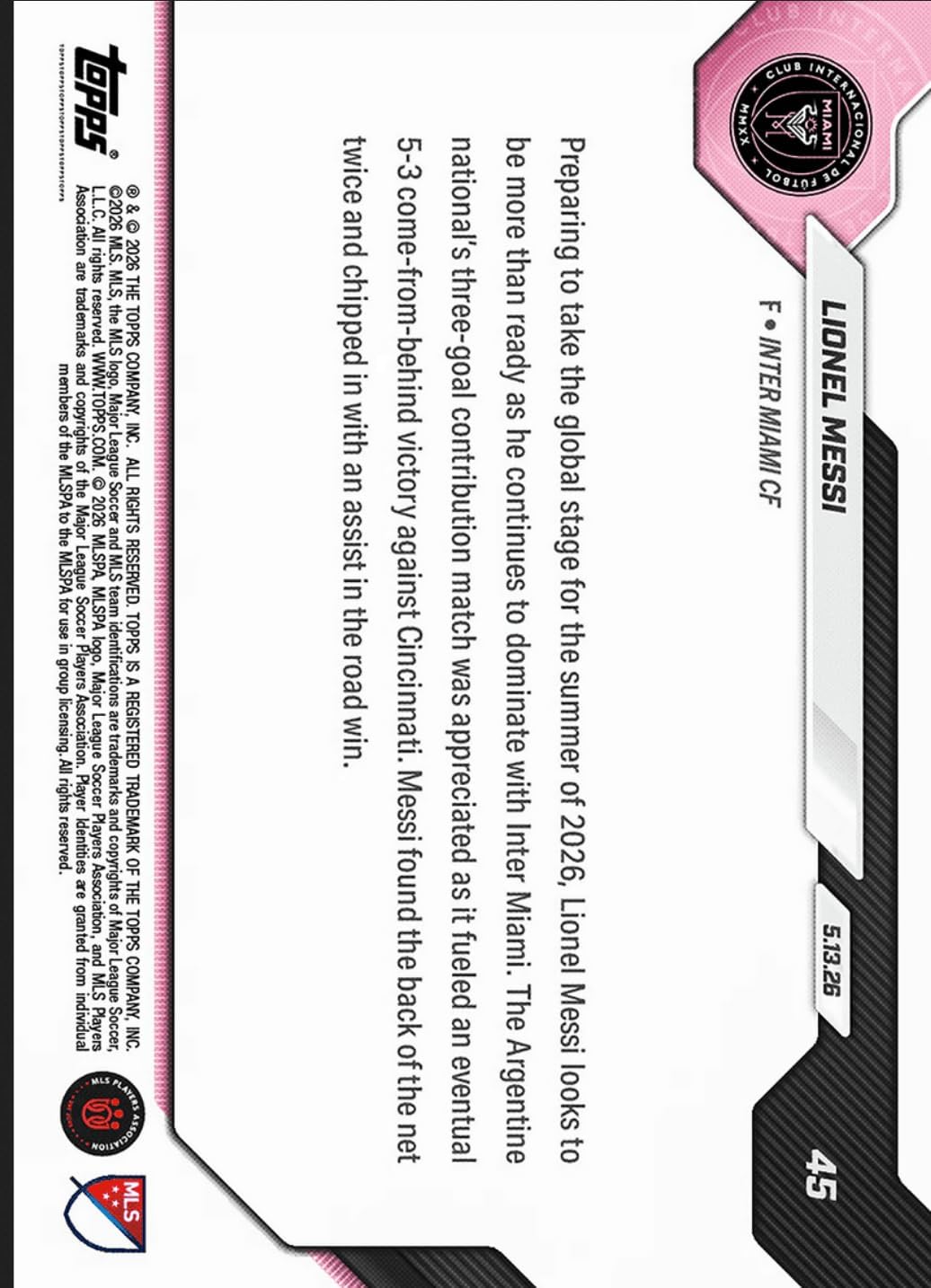 2026 Topps Now Lionel Messi #45 Black Foil /10 3 Goal Contribution Match Powers Comeback Win Inter Miami Soccer Card - Image 2