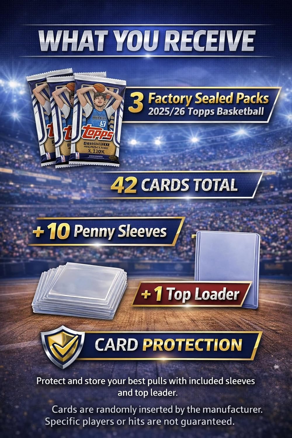 Topps 2025/26 Basketball Trading Card Bundle, 3 Factory Sealed Packs with 42 Cards Total, Includes 10 Penny Sleeves and 1 Top Loader - Image 2