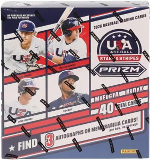 2026 Panini USA Stars & Stripes Prizm Baseball Mega Trading Card Box (3 Autographs or Memorabilia Cards Per Box)