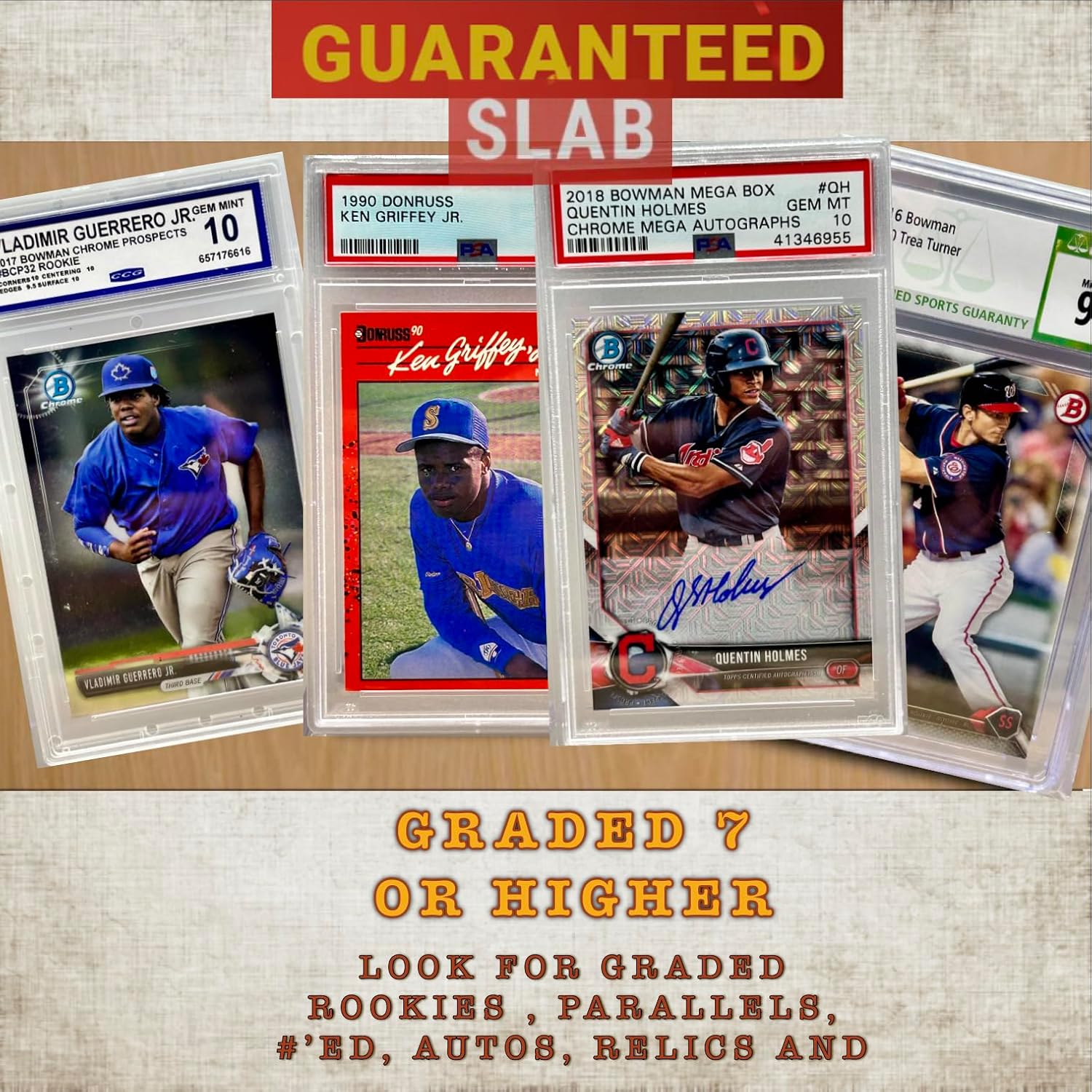 Baseball Graded Mystery Hot Pack - 3 Cards - Guaranteed 7+ - 1#'ed, Auto, Relic or RPA - 1 Griffey Jr. Card - Bonus Cards - Hits, Rookies, Color, Parallels, or SP - Image 2